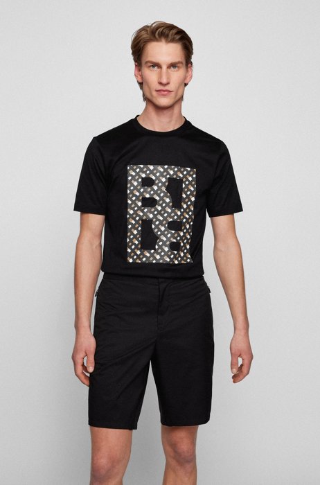 Mercerised-cotton slim-fit T-shirt with photographic artwork, Black
