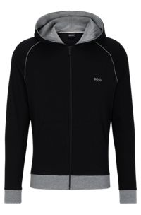 Stretch-cotton hooded jacket with piping and logo, Black