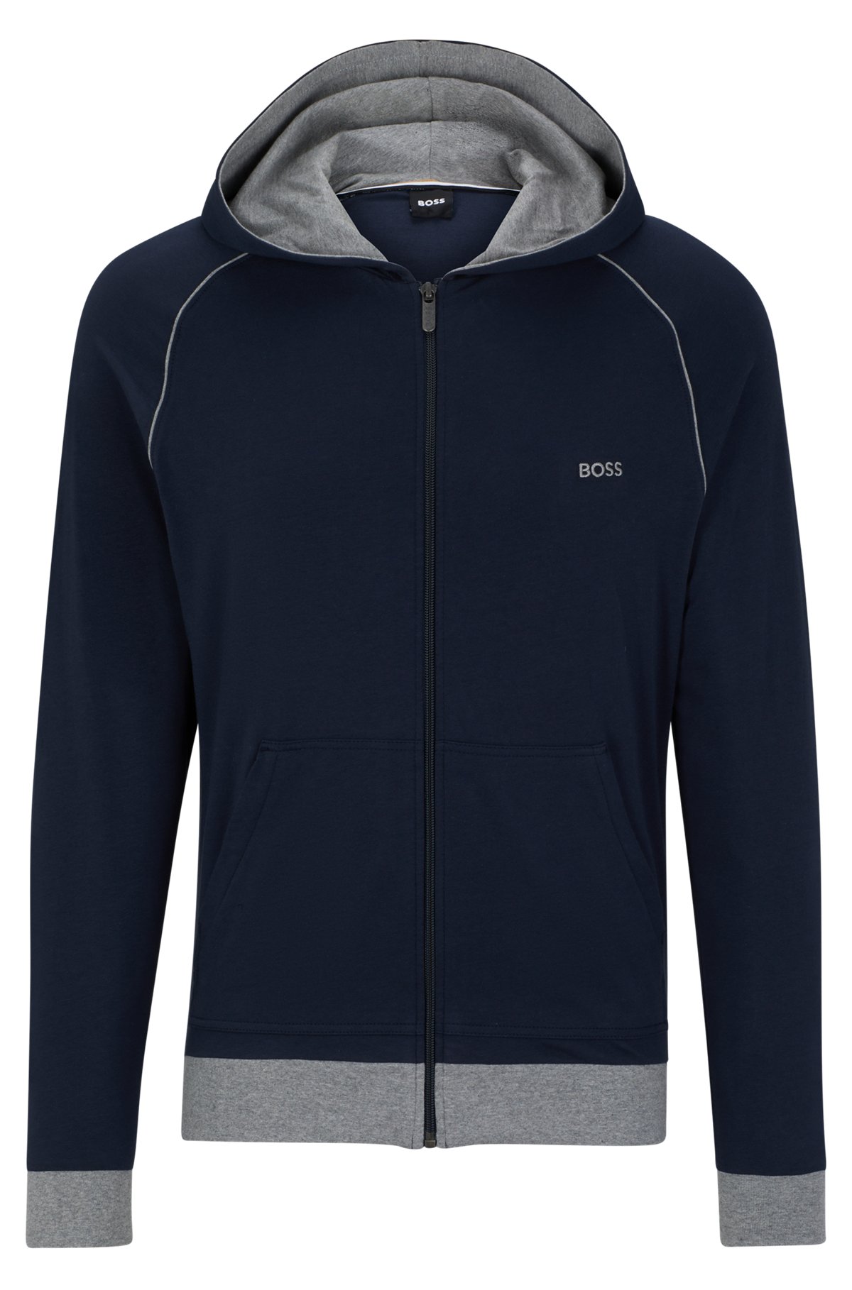 Stretch-cotton hooded jacket with piping and logo, Dark Blue