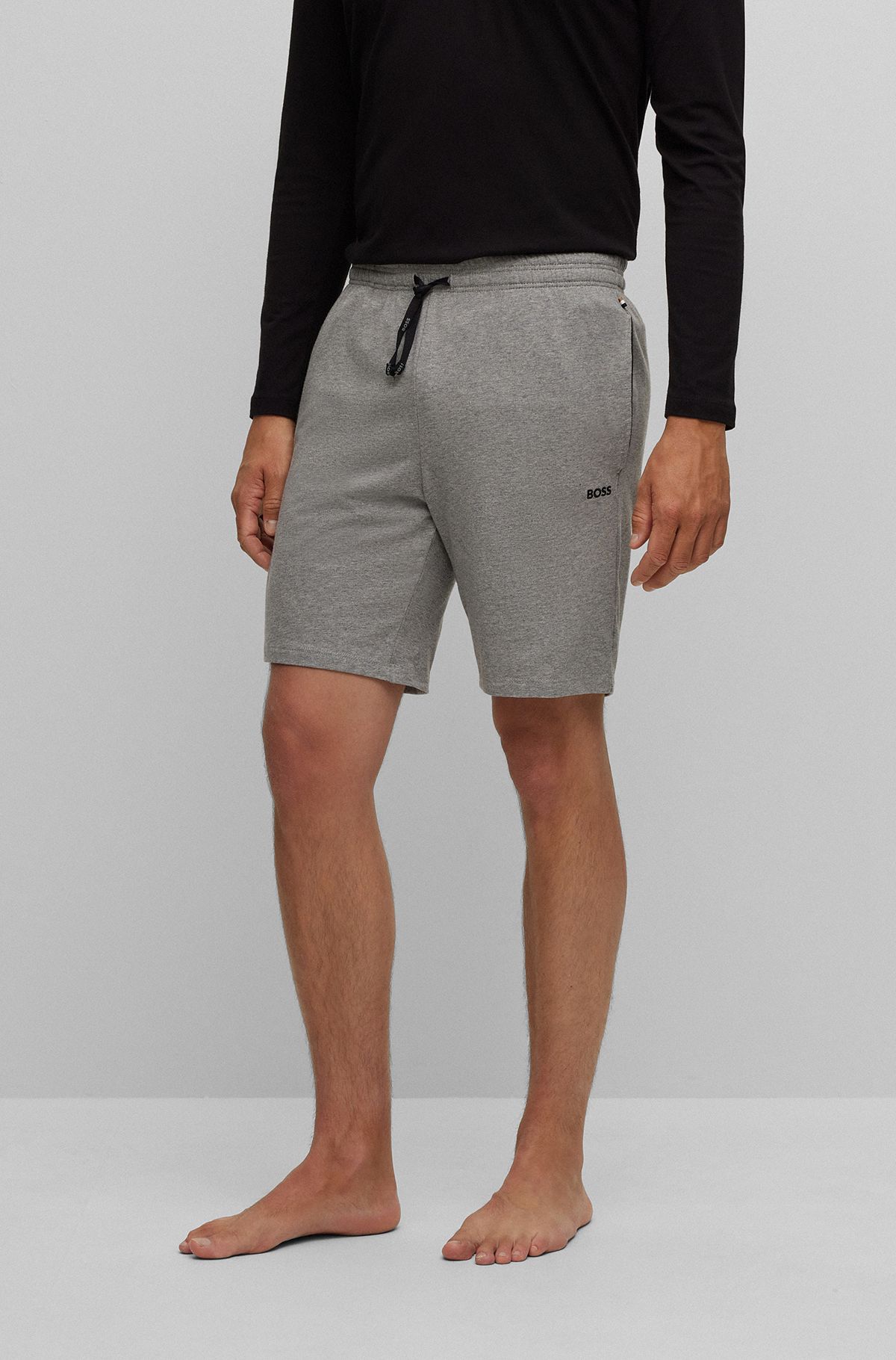 Stretch-cotton shorts with contrast logo and drawcord, Grey