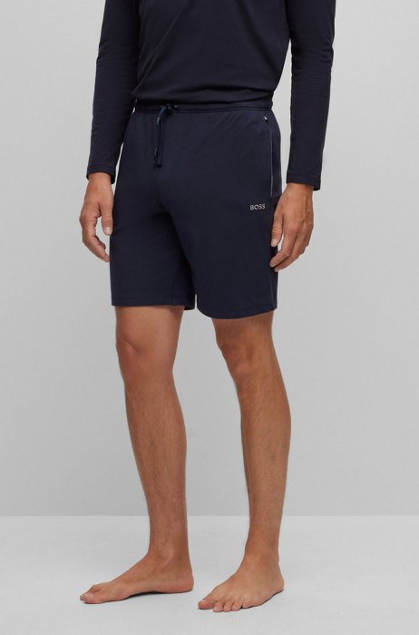Stretch-cotton shorts with contrast logo and drawcord, Dark Blue