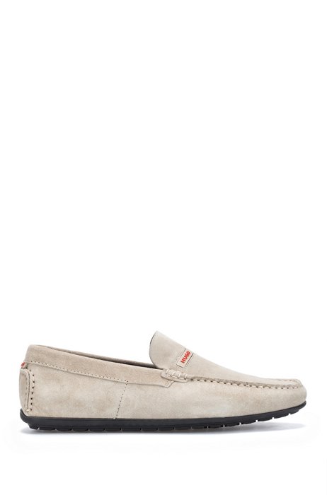 Suede slip-on moccasins with red logo, Light Beige