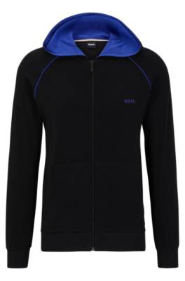 Hugo Boss Logo-embroidered Hooded Loungewear Jacket In Stretch Cotton In Black