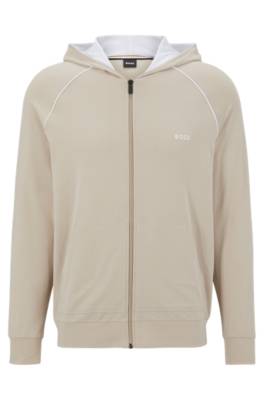 Hugo Boss Logo-embroidered Hooded Loungewear Jacket In Stretch Cotton In Neutral