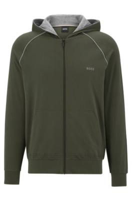 Hugo Boss Logo-embroidered Hooded Loungewear Jacket In Stretch Cotton In Green
