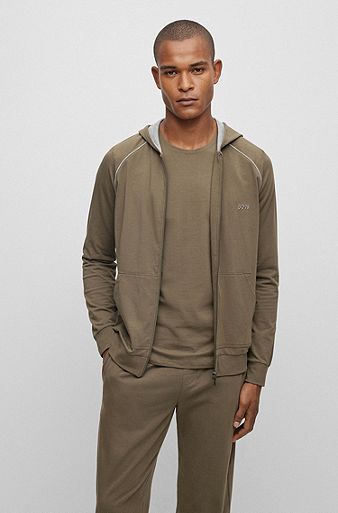 Loungewear-Jacke aus Stretch-Baumwolle mit Kapuze und Logo-Stickerei, Khaki