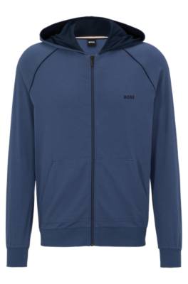 Hugo Boss Logo-embroidered Hooded Loungewear Jacket In Stretch Cotton In Blue