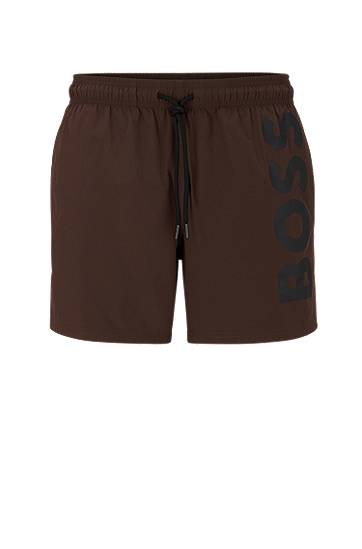Hugo Boss Quick-dry Swim Shorts With Large Logo Print In Brown
