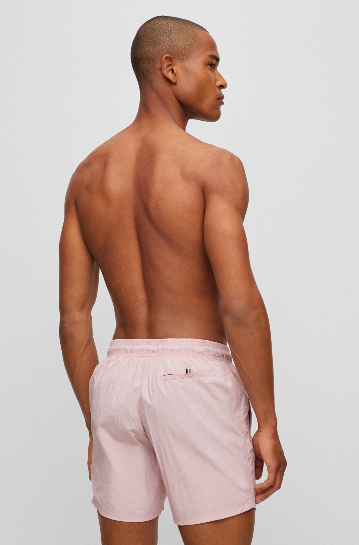 Quick-dry swim shorts with large logo print, light pink