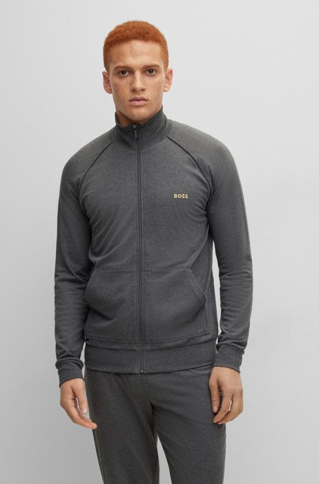 Loungewear-Jacke aus Stretch-Baumwolle mit Logo und Reißverschluss, Dunkelgrau