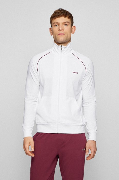 Zip-up loungewear jacket in stretch cotton with logo, White