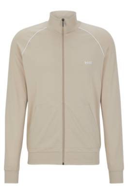 Hugo Boss Logo-embroidered Zip-up Jacket In Stretch Cotton In Neutral