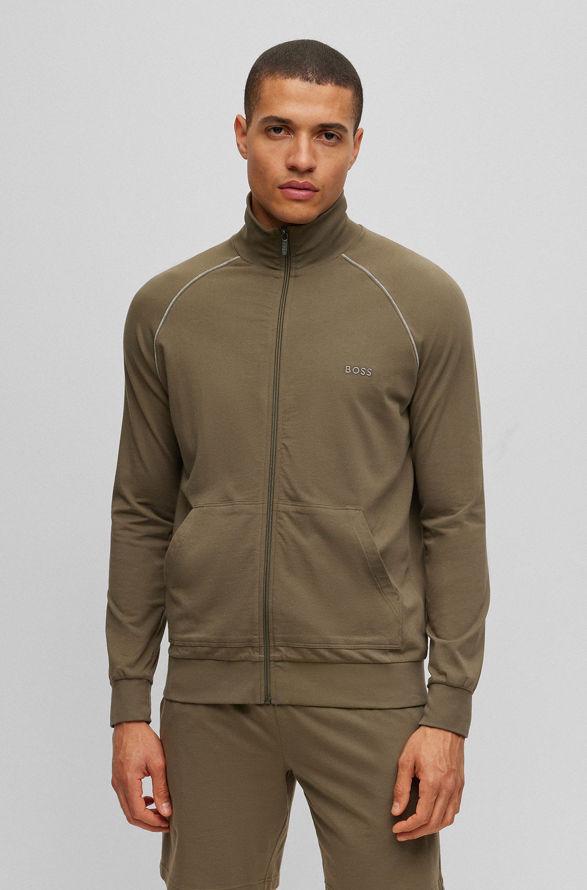 Logo-embroidered zip-up jacket in stretch cotton, Khaki