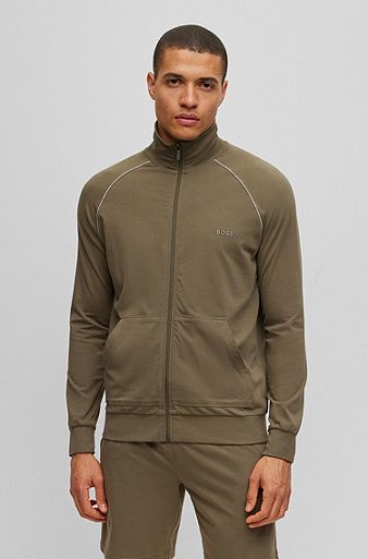 Logo-embroidered zip-up jacket in stretch cotton, Khaki