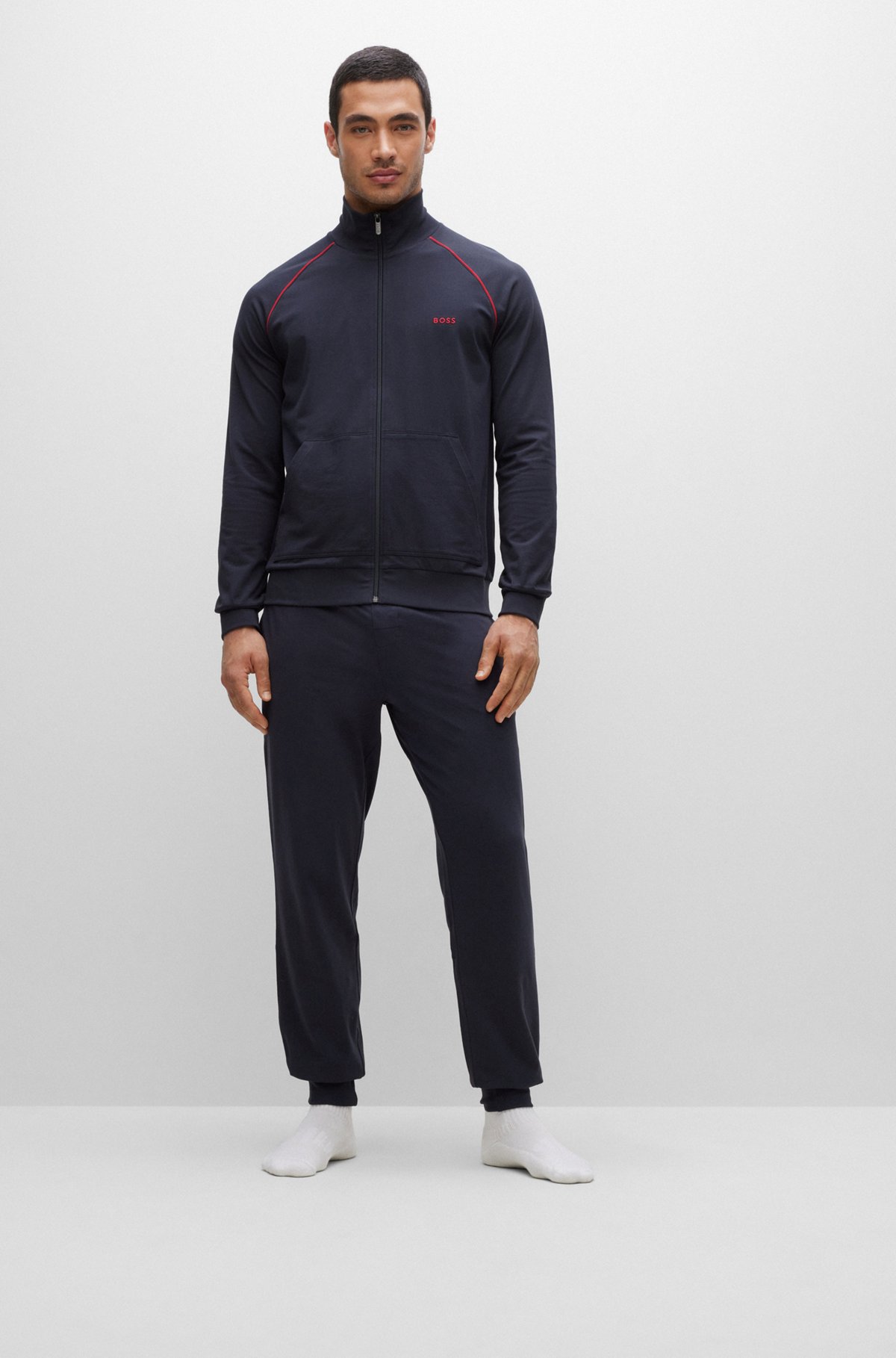 Loungewear-Jacke aus Stretch-Baumwolle mit Logo und Reißverschluss, Dunkelblau