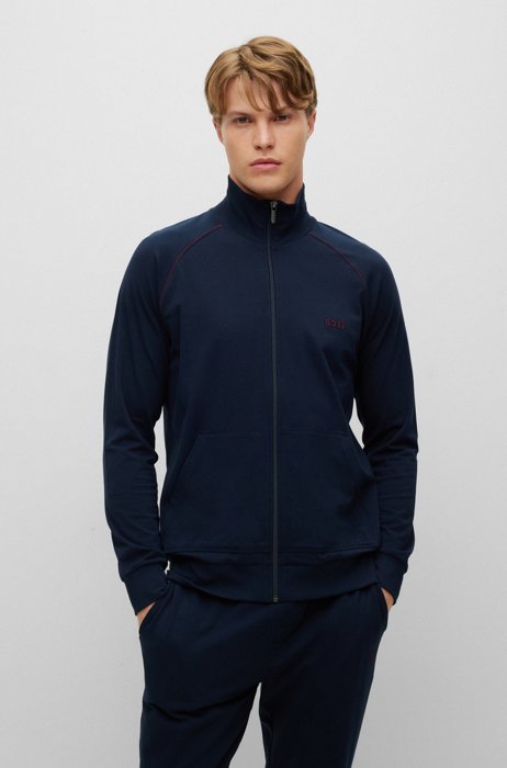 Zip-up loungewear jacket in stretch cotton with logo, Dark Blue