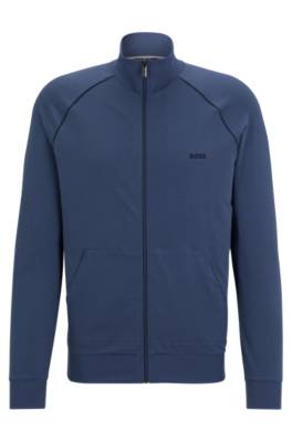 Hugo Boss Logo-embroidered Zip-up Jacket In Stretch Cotton In Blue