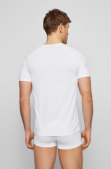 BOSS 博斯个性条纹图案棉质混纺打底 T 恤,  100_White