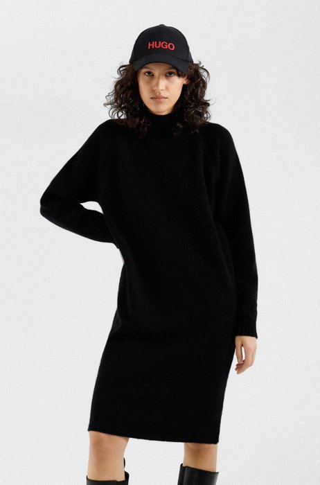 Oversized-fit knitted dress with mock neckline, Black