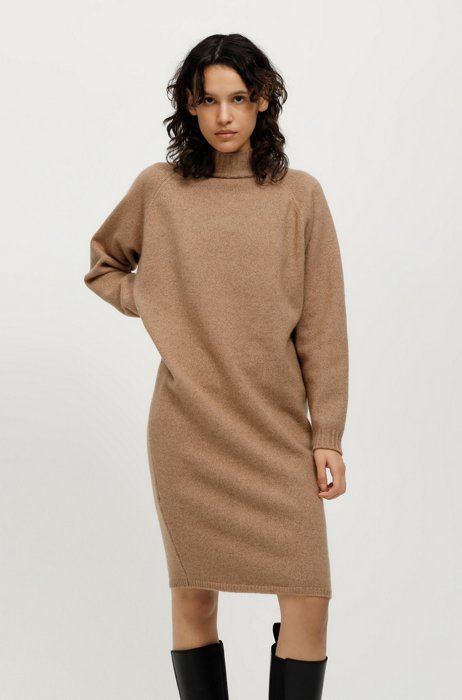 Oversized-fit knitted dress with mock neckline, Light Brown