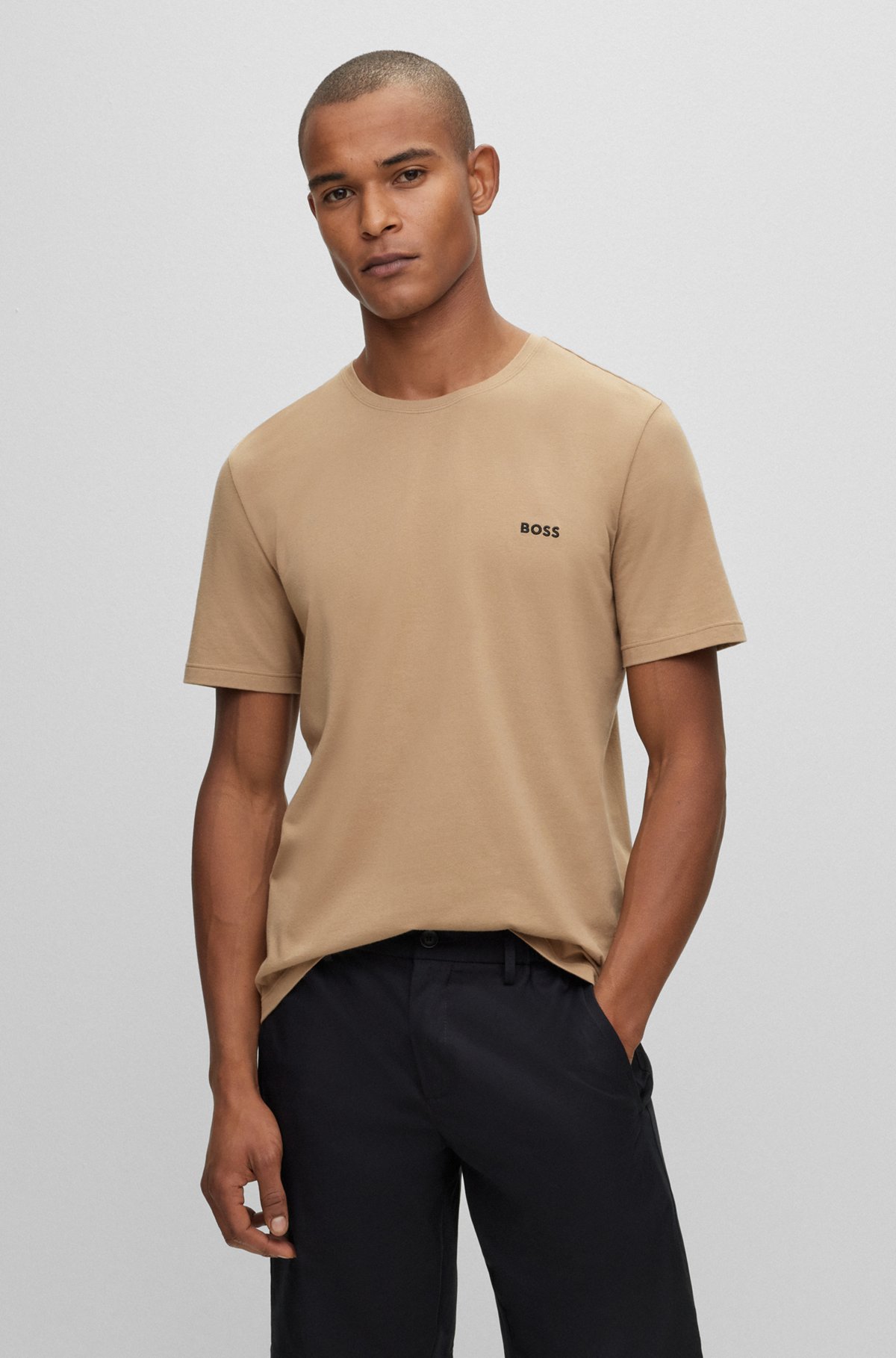 T-shirt d’intérieur en coton stretch à logo contrastant, Beige