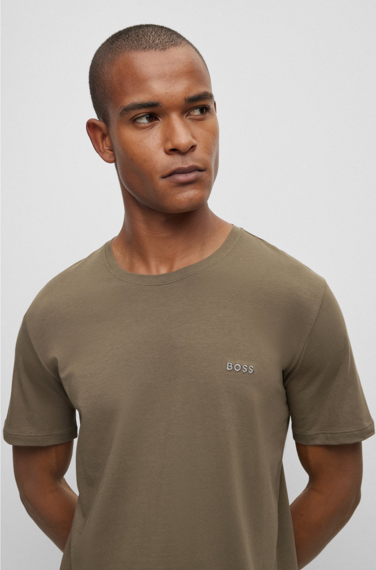 Loungewear T-shirt in stretch cotton with contrast logo, Khaki