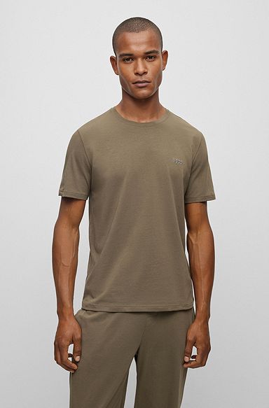 Loungewear-T-Shirt aus Stretch-Baumwolle mit kontrastfarbenem Logo, Khaki
