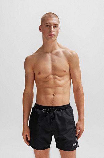 Quick-drying swim shorts with logo and piping, Black