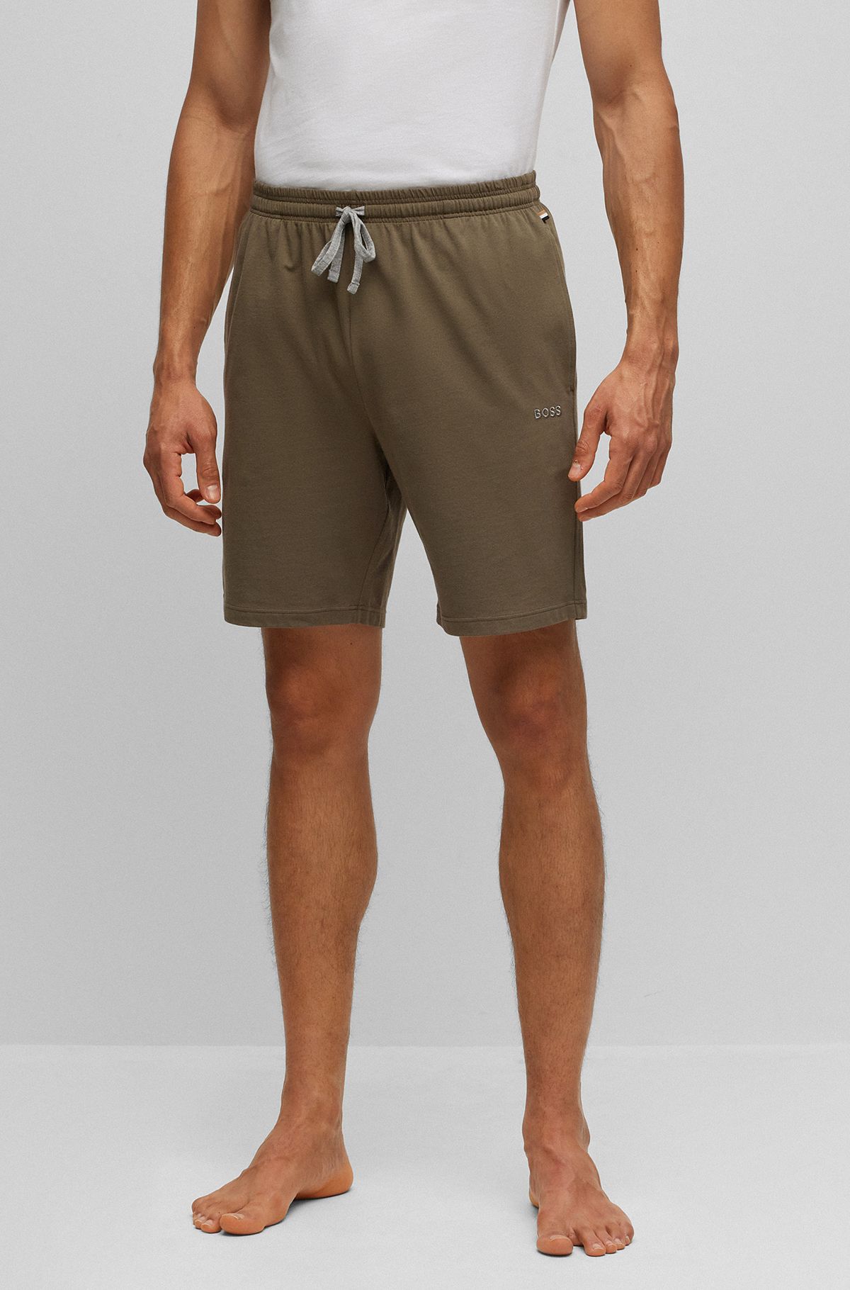 Stretch-cotton shorts with embroidered logo, Khaki