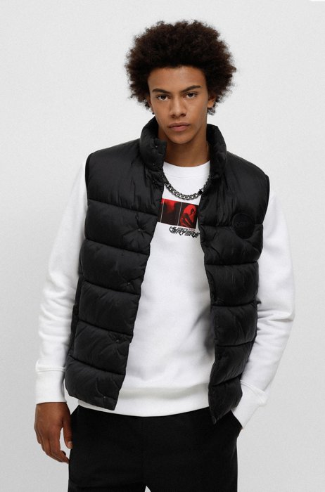 Slim-fit gilet in recycled fabric with logo badge, Black