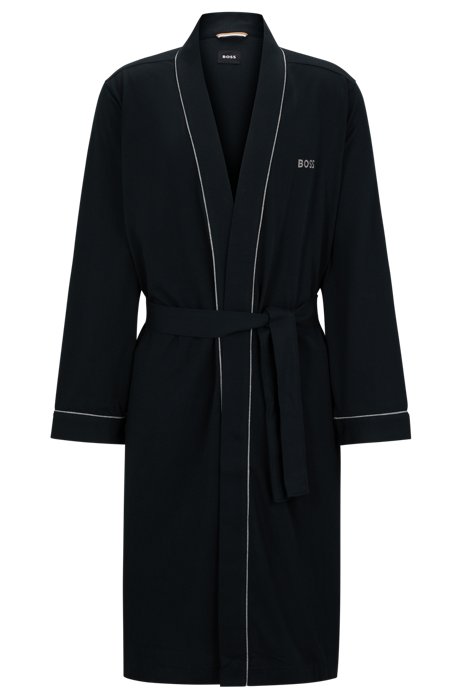 Cotton-jersey dressing gown with logo and piping, Black