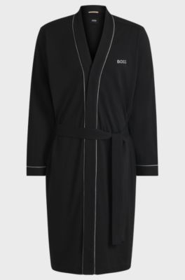 Logo-embroidered dressing gown in cotton jersey, Black