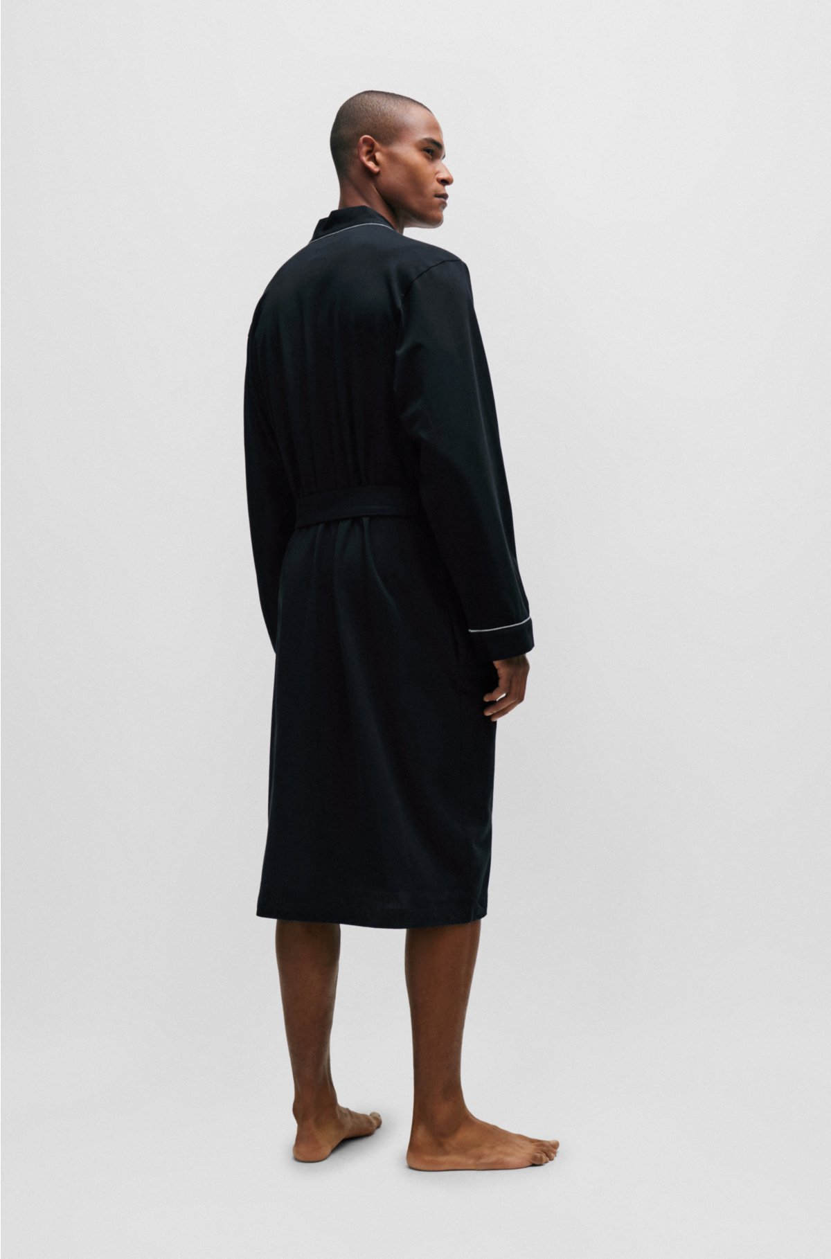 Cotton-jersey dressing gown with logo and piping, Black