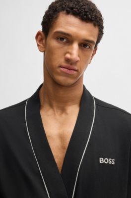Logo-embroidered dressing gown in cotton jersey, Black