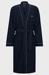 Cotton-jersey dressing gown with logo and piping, Dark Blue