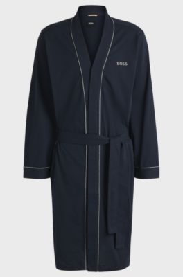 Logo-embroidered dressing gown in cotton jersey, Dark Blue