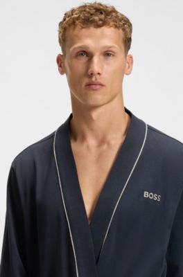 Logo-embroidered dressing gown in cotton jersey, Dark Blue