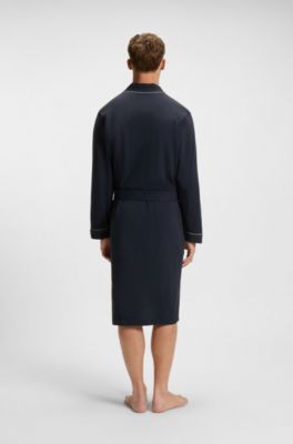 Logo-embroidered dressing gown in cotton jersey, Dark Blue