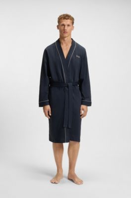 Peignoir en jersey de coton avec logo brod&eacute;, Bleu fonc&eacute;