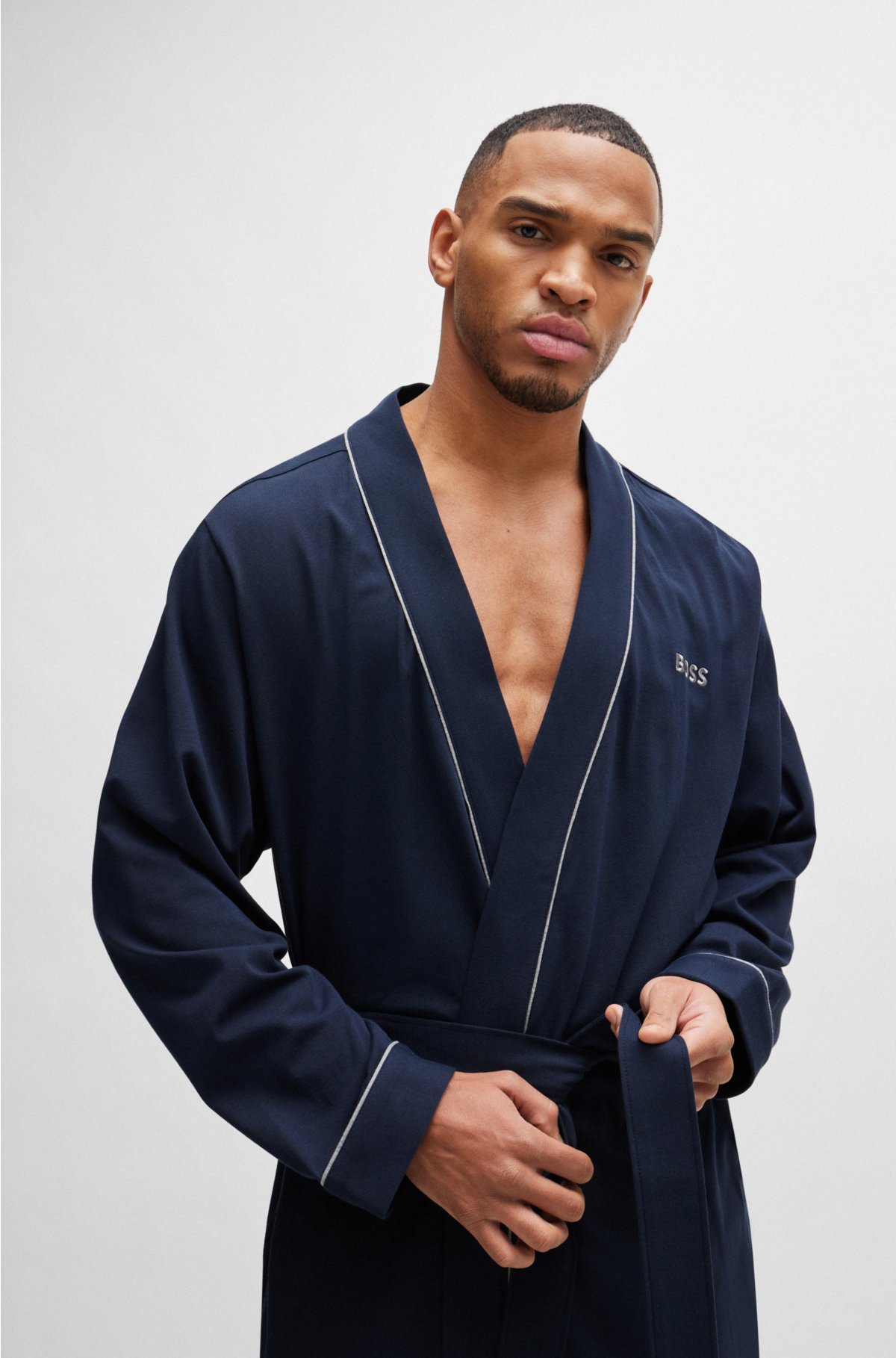Cotton-jersey dressing gown with logo and piping, Dark Blue