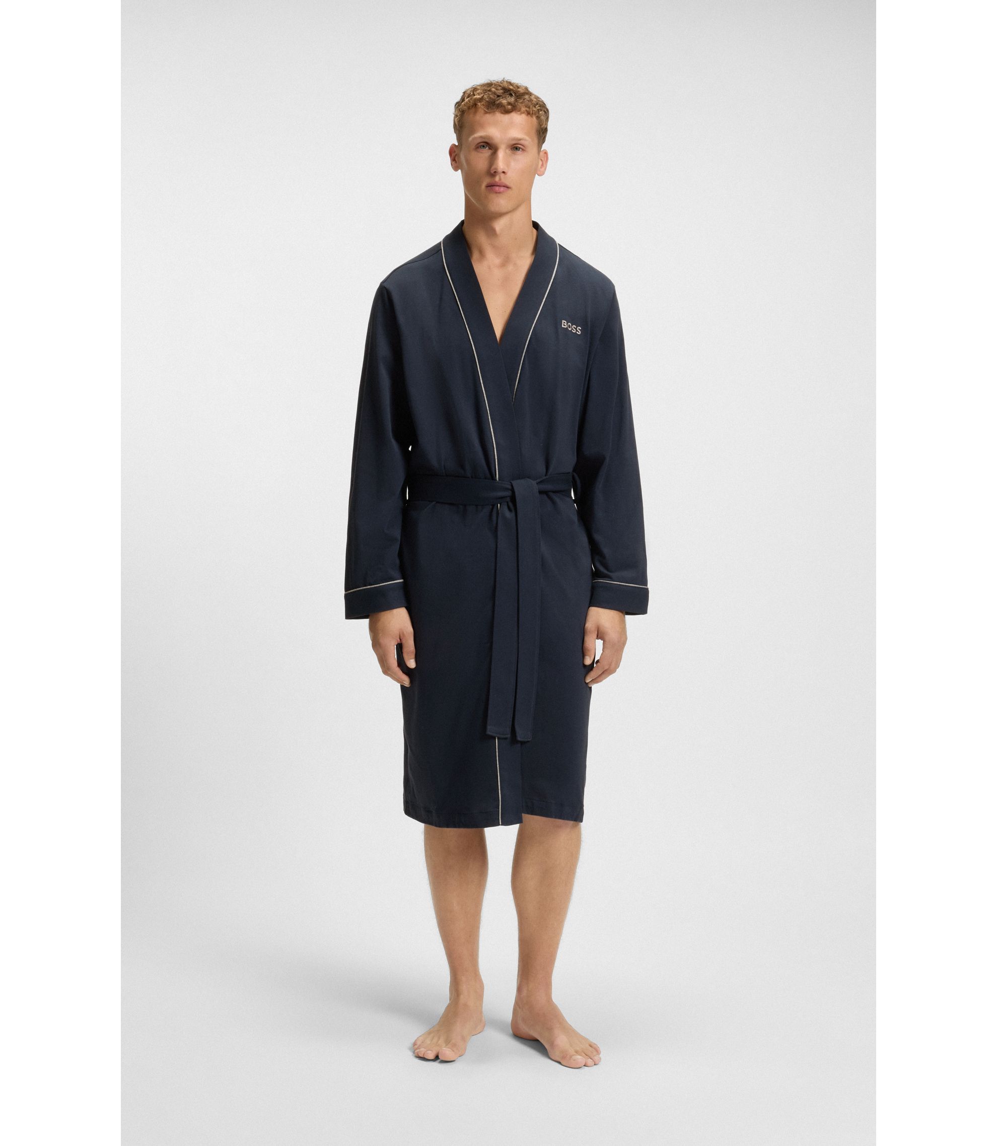 BOSS - Logo-embroidered dressing gown in cotton jersey - Dark Blue