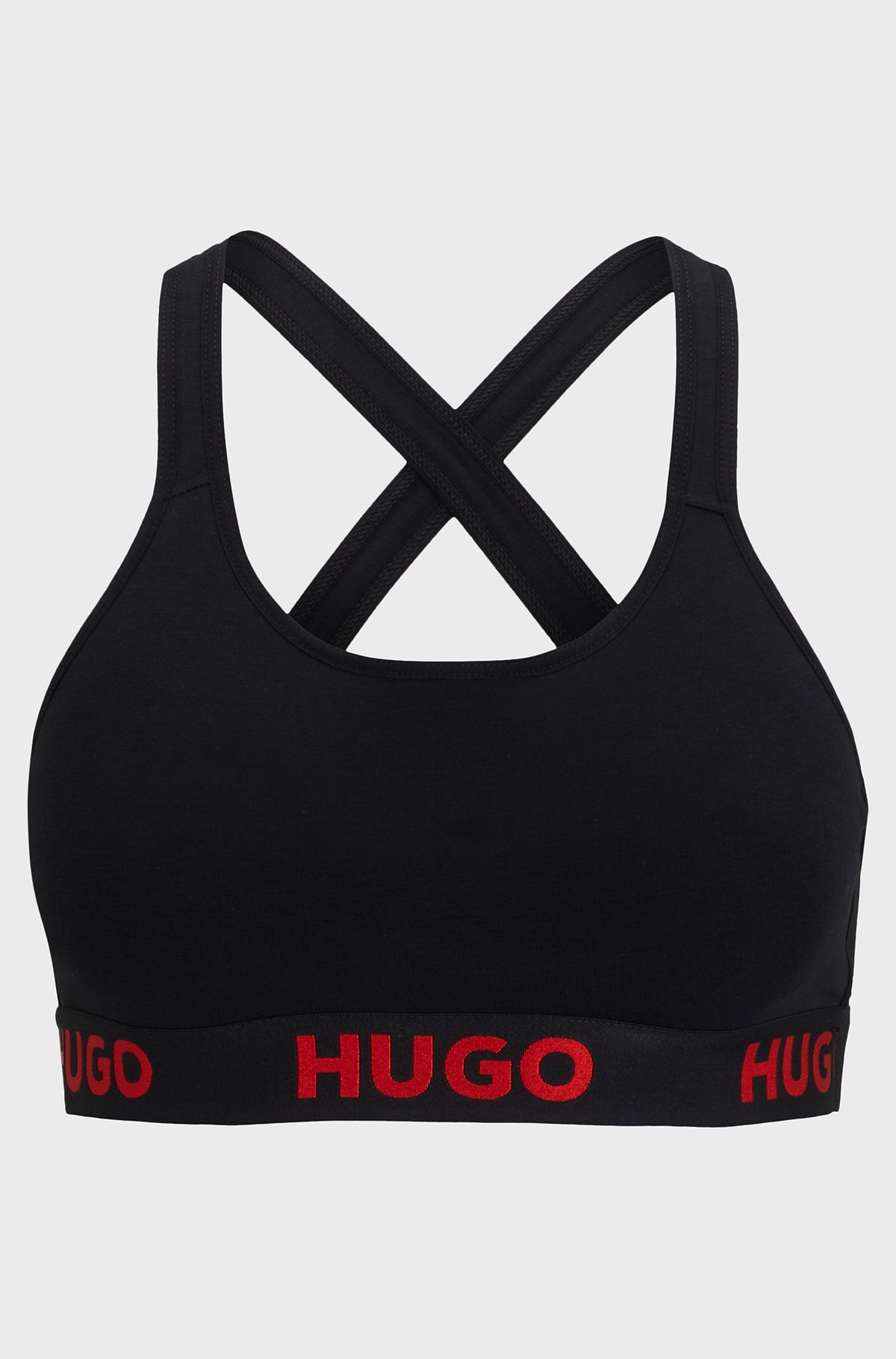 Sports bra in stretch cotton with repeat logos, Black