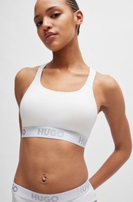 Cross-back bralette in stretch cotton with logo band, White