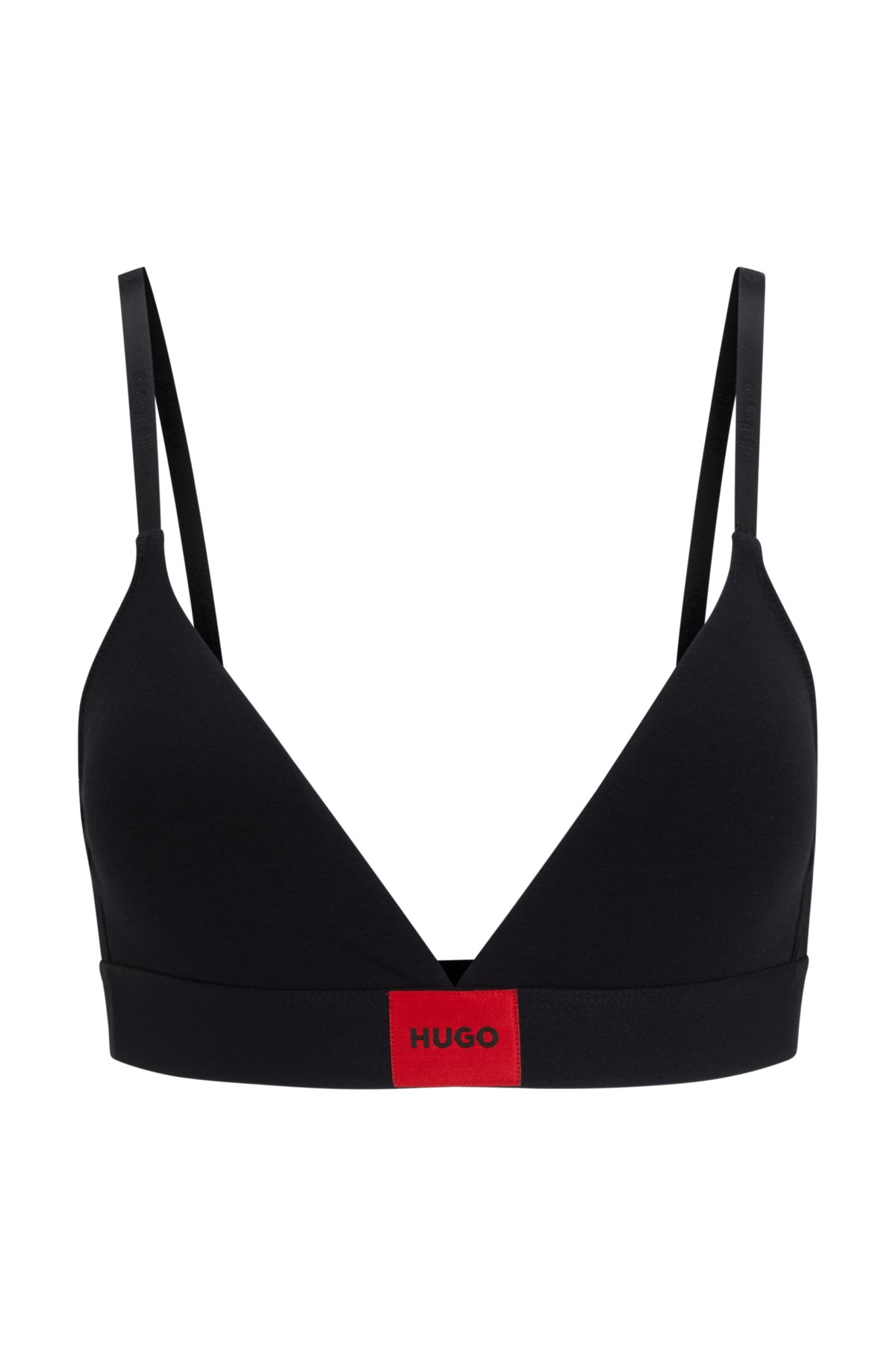 Stretch-cotton triangle bra with red logo label, Black