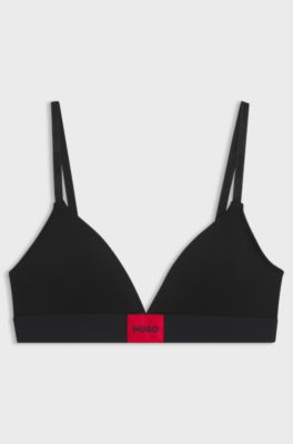 Stretch-cotton triangle bra with red logo, Black