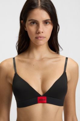 Stretch-cotton triangle bra with red logo, Black