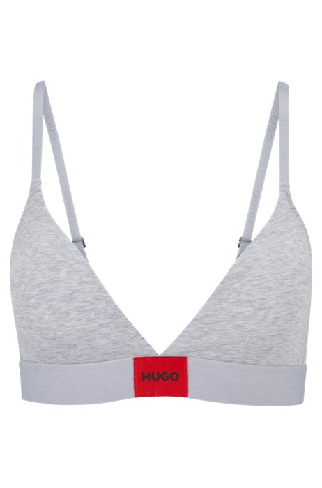 Stretch-cotton triangle bra with red logo label, Grey