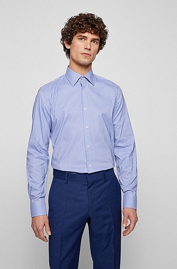 意大利格纹图案棉质混纺面料修身衬衫,  450_Light/Pastel Blue
