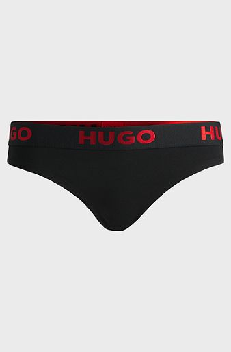 Stretch-cotton thong with logo waistband, Black