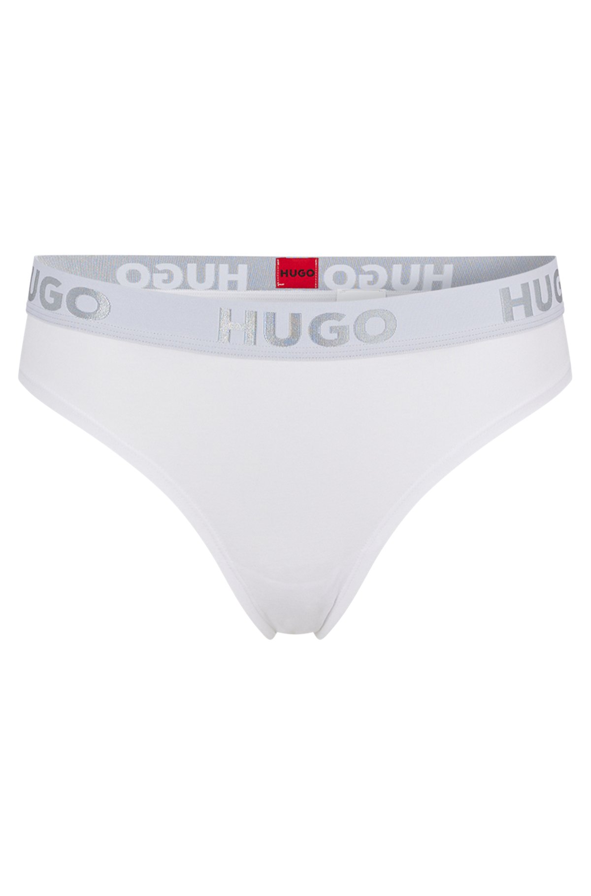 Stretch-cotton thong with logo waistband, White